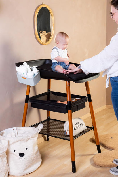 ChildHOME aankleedtafel, uitbreidbaar, 4 hoogtes, gemakkelijk te verplaatsen, wielen, remsysteem, robuust, opbergmand, incl. kussen, Evolux, zwart