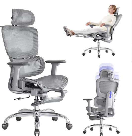 Ergonomische Bureaustoel met Voetensteun - 5-Zones Verstelbare Rugleuning, 2D Lendensteun, 3D Arm-/Hoofdsteun, 145° Kantelfunctie + Ademend Net voor Kantoor/Thuiswerk/Studie, Grijs