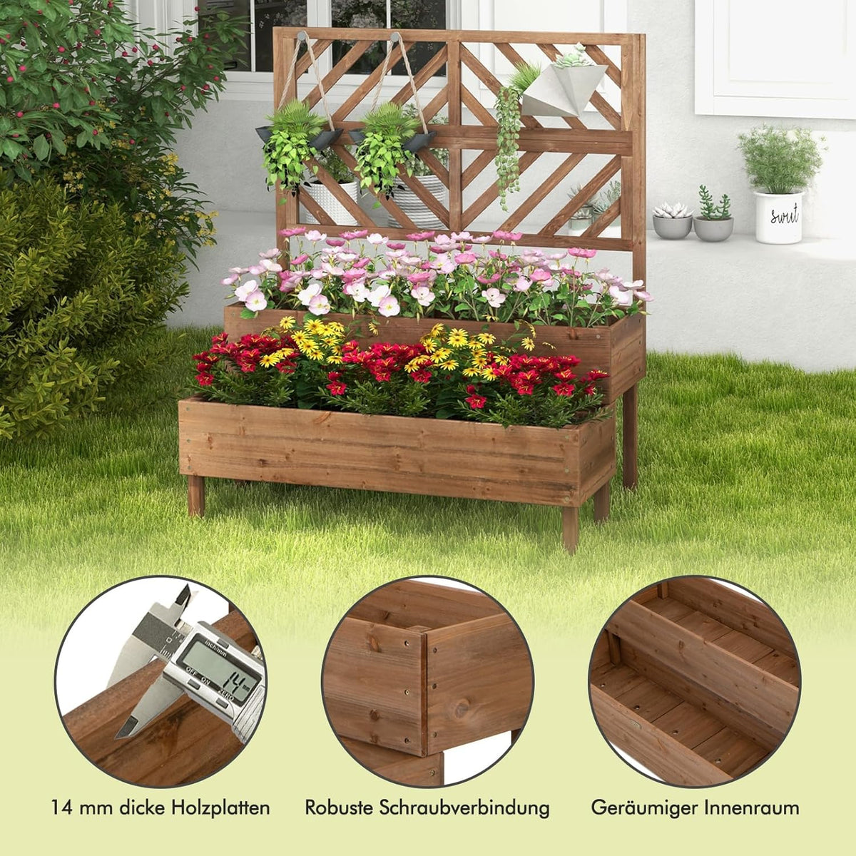 FANTASK Bloembak met latwerk van dennenhout, tuinspalier met 2 rankkasten, verhoogd bloembed met rankrooster en drainagegat, bloempot voor tuin, binnenplaats, balkon, bruin