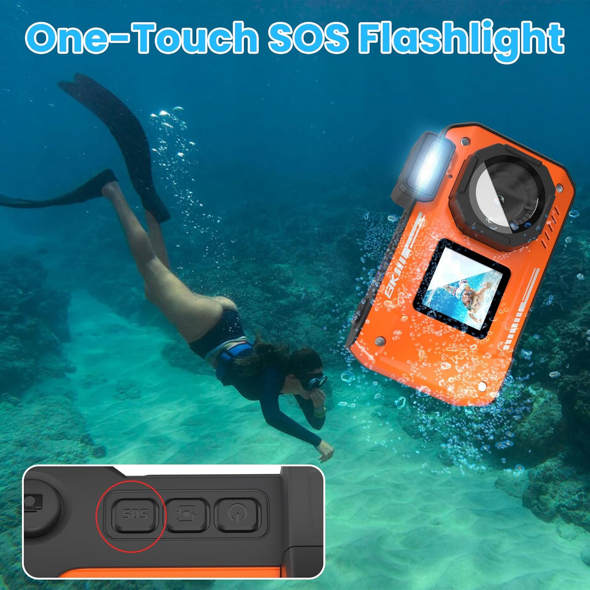 Verbeterde 8K 70MP onderwatercamera met 32G-kaart, 33FT waterdicht, robuust, stofdicht schokbestendig voor snorkelen, selfie digitaal voor duiken, dual-screen fotografie