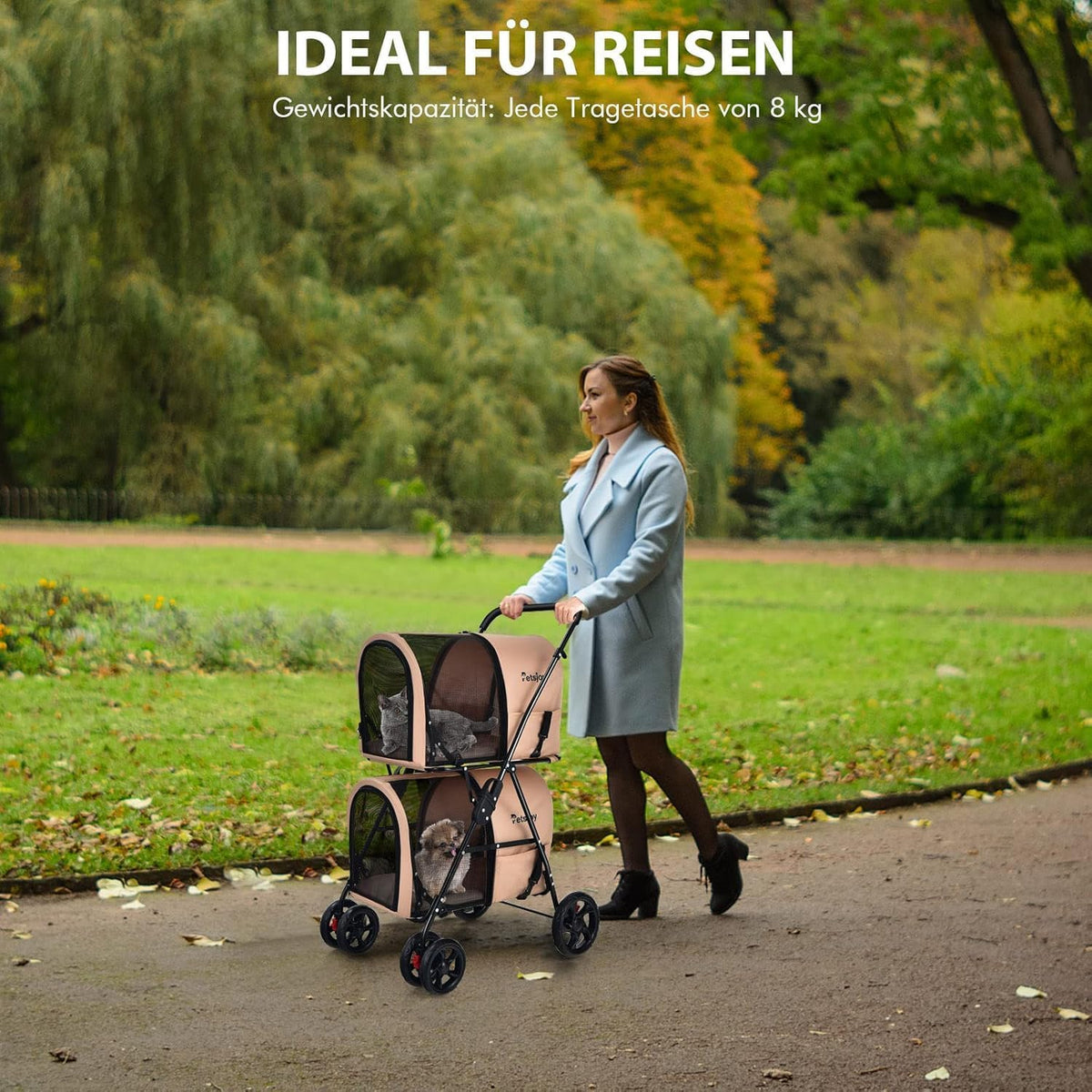 FANTASK Hondenwagen met 2 etages met gaasvensters en bekerhouders, huisdierbuggy tot 16 kg, kattenbuggy voor 2 kleine honden katten, hondenbuggy en aanhanger in beige