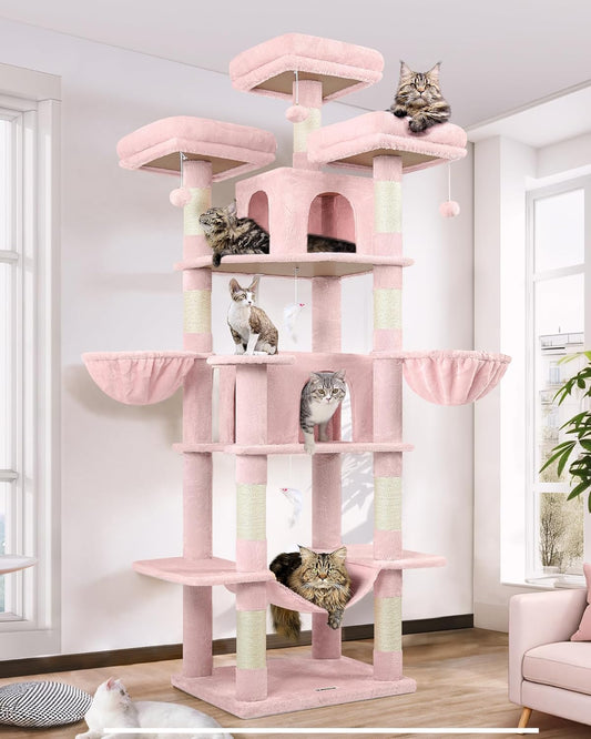 Globlazer cat tree pink large,Scratching post xxl tall 204cm with 3 Seat Rod 2 cat house 2 Basket Hammock Plush cats toys,cat tower luxury for 3-5 large cats Rest Playing (F80, Pink)
