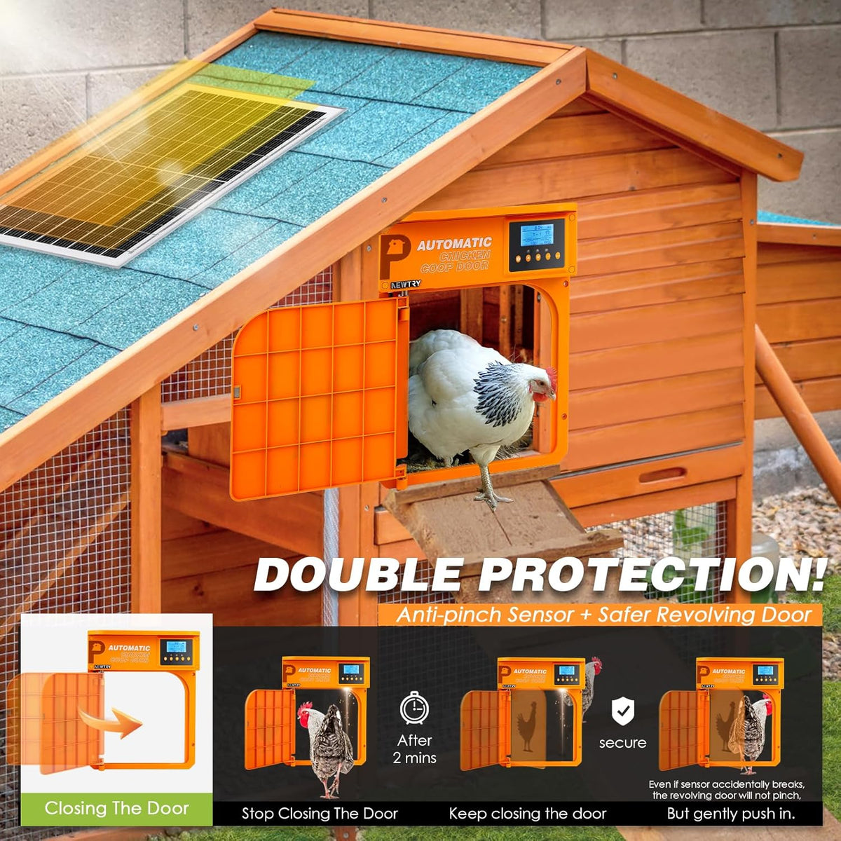 NEWTRY Automatic Chicken Door Opener with Timer and Light Sensor, 10 W, Solar Powered with Remote Control, 40 m - QUORE