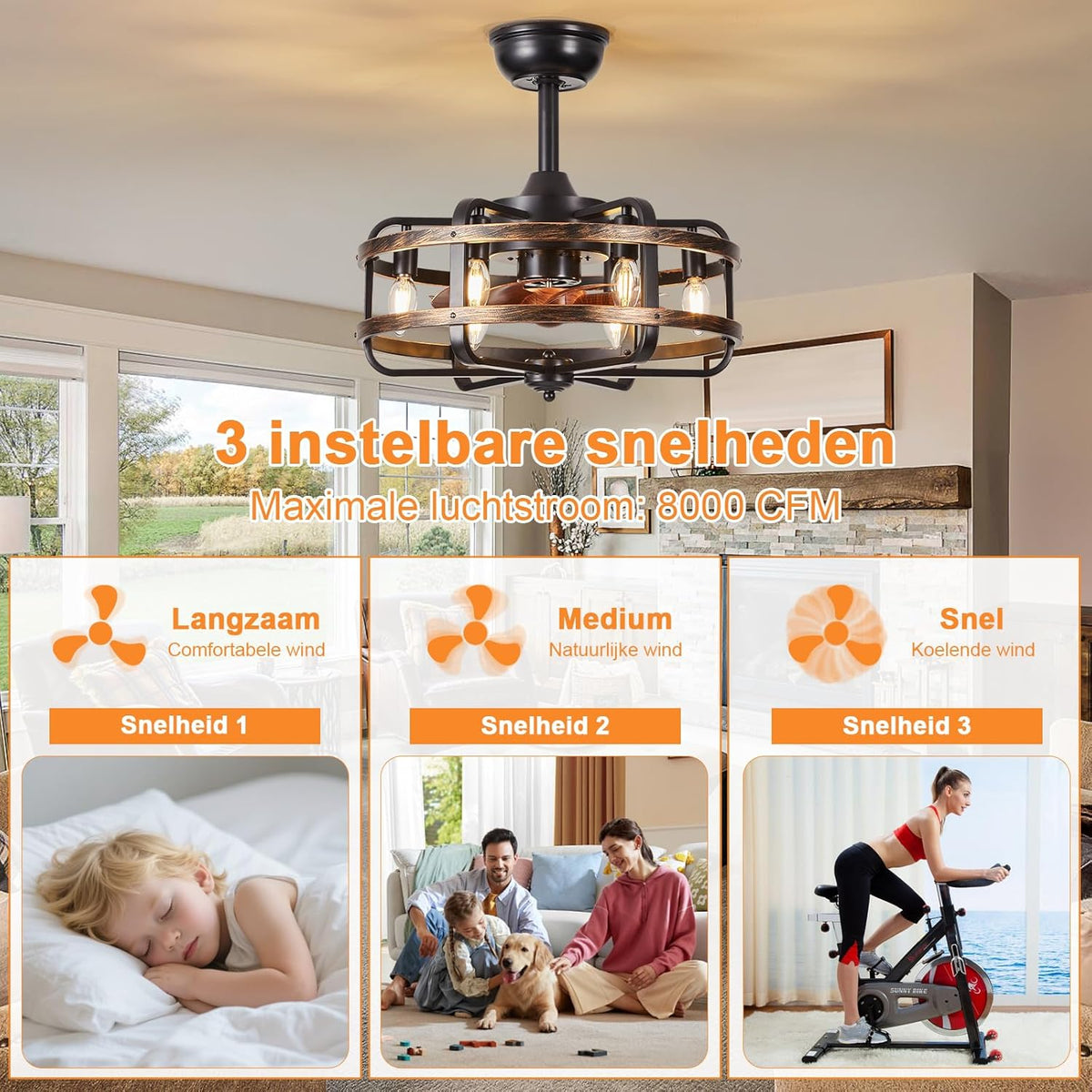 Plafondventilator met Verlichting Industriële Retro, Zwarte Metalen Kooi, Stille 3 Snelheden Reversibel Plafondventilator met Afstandsbediening, Vervangbaar 6x E14 Lamp voor Woonkamer Slaapkamer