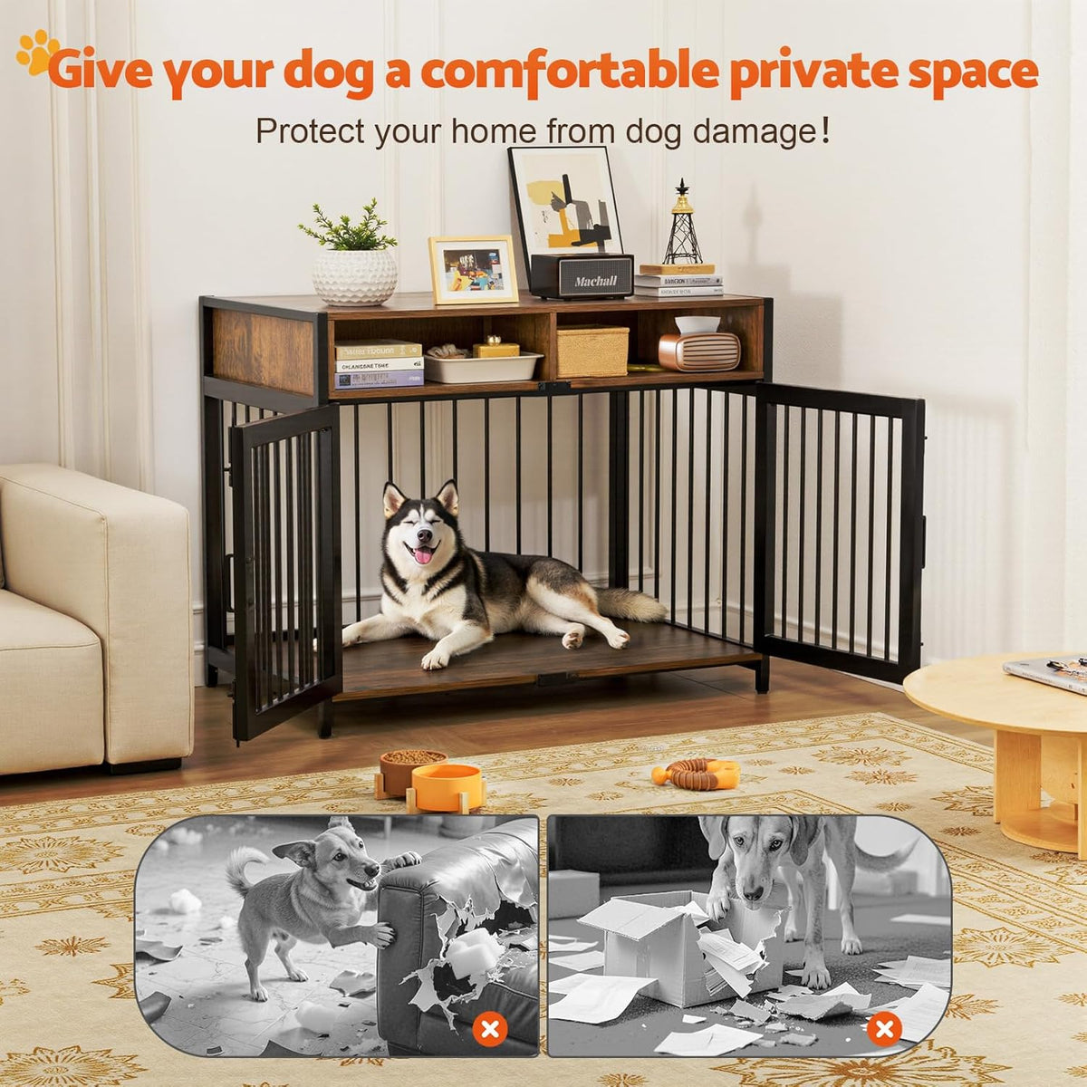 Gimars 94 x 58 x 63 cm Dog Furniture Box with Storage Drawers, Heavy Duty Dog House Indoor for Small, Medium and Large Dogs, Decorative Pet Crate for Indoor Use, Rustic Brown - QUORE