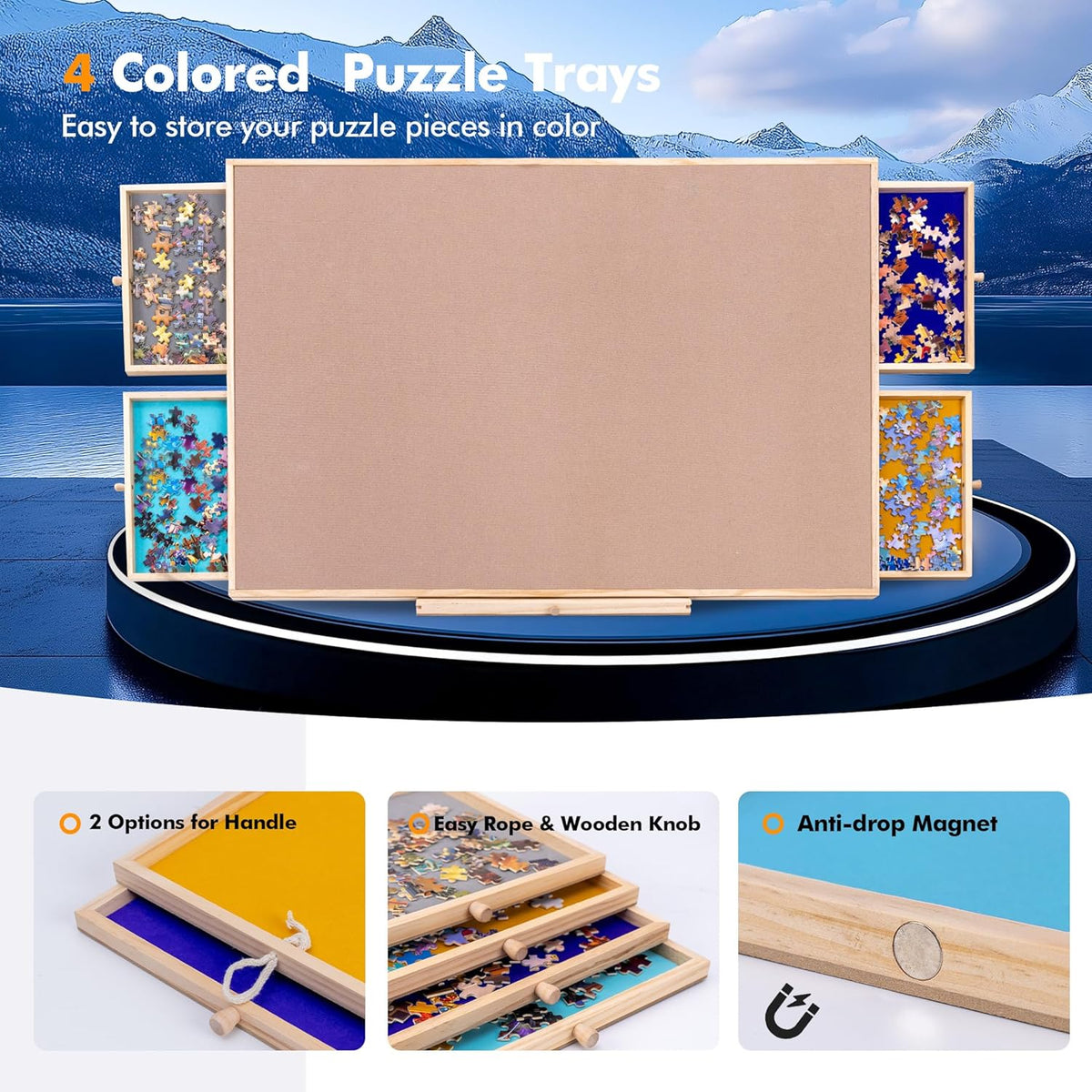 36" X 25" roterende en verstelbare puzzelbord ezel, houten legpuzzel tafel met 4 sorteerladen gekantelde hoeken antislip suède oppervlak voor maximaal 1500 stukjes puzzels met PP-hoes