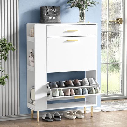 Rotan-schoenenkast, houten bijzettafel met 2 handgemaakte rotan versierde schuifladen (wit)