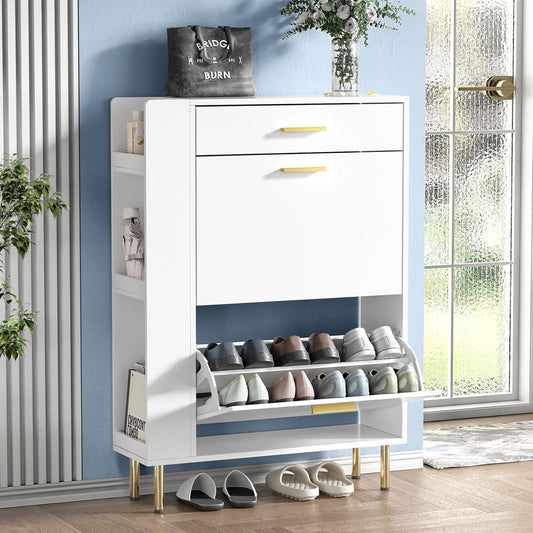Rotan-schoenenkast, houten bijzettafel met 2 handgemaakte rotan versierde schuifladen (wit)