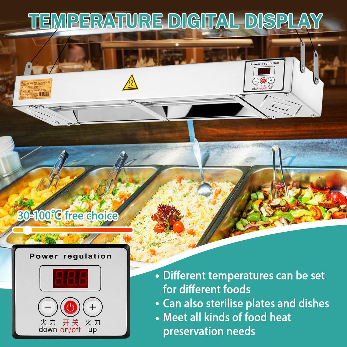 YJINGRUI Verwarmingslamp voor levensmiddelen, 650 W, warmer, met instelbare temperatuur van 30-100 graden Celsius, digitaal display voor restaurant, buffet, keuken