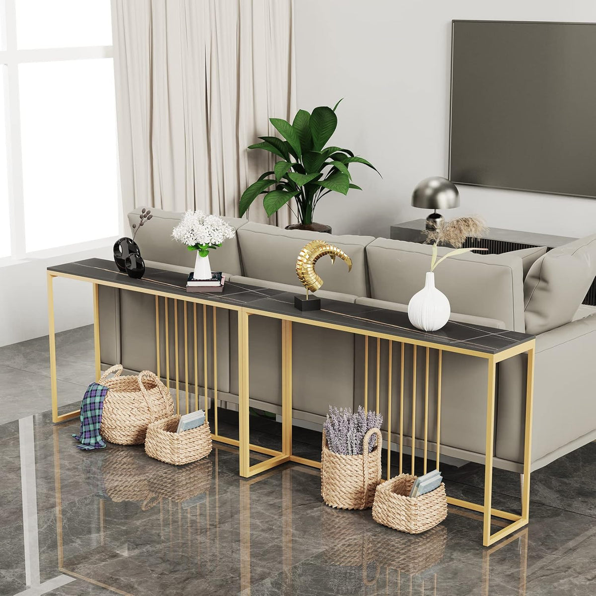 FATIVO Consoletafel marmer smal goud: entree tafel 120 cm Scandinavisch met goud metalen frame, gangtafel voor slaapkamer woonkamer 120 × 30 × 79 cm zwart