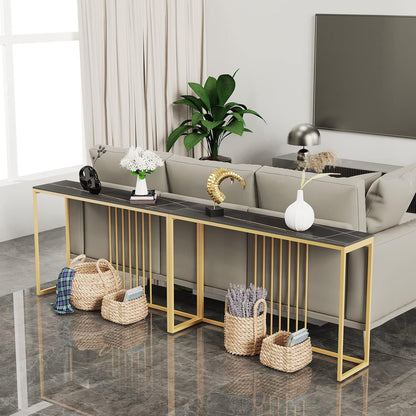 FATIVO Consoletafel marmer smal goud: entree tafel 120 cm Scandinavisch met goud metalen frame, gangtafel voor slaapkamer woonkamer 120 × 30 × 79 cm zwart