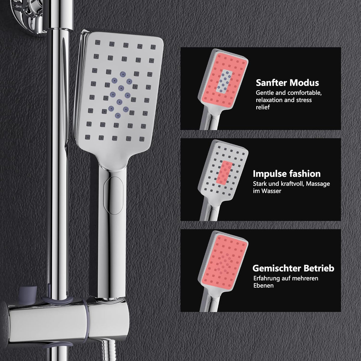 MORADO Thermostatische doucheset, in hoogte verstelbaar thermostatisch douchesysteem, douchestangset met regendouche en 3-functies handdouche, verchroomd, vierkante vorm