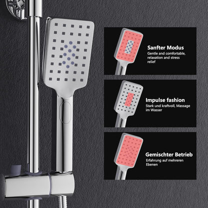 MORADO Thermostatische doucheset, in hoogte verstelbaar thermostatisch douchesysteem, douchestangset met regendouche en 3-functies handdouche, verchroomd, vierkante vorm