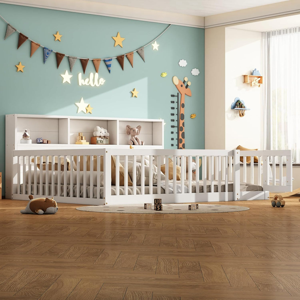 Children's Bed with Slatted Frame, Fall Protection, Rack and Fence, Youth Bed, Storage Room, Wooden Bed, Pine (White, 140 x 200 cm) - QUORE