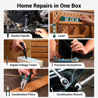 Gereedschapskit Box Boorset: DEKO 238 stuks Home Mechanic Toolbox met 12V Power Draadloze Boor Hand Reparatie Gereedschap Sets Combo Kits Opslag Organizer Lade Case voor Mannen (Groen)