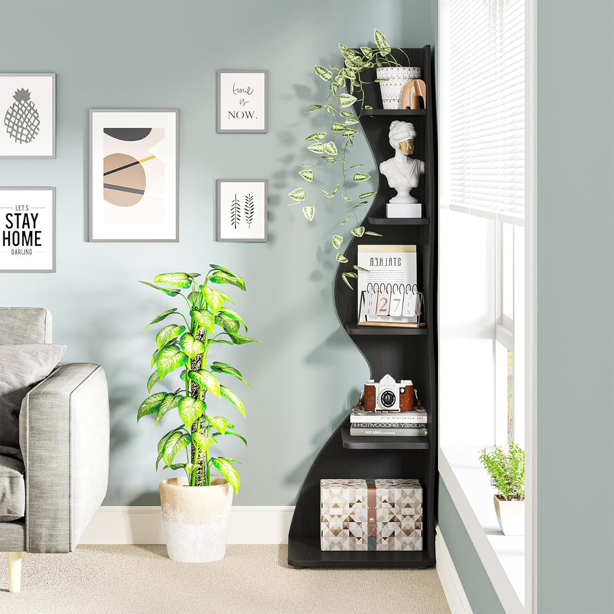 Tribesigns Corner Shelf, 178 cm High, Storage Shelf, Bookcase, Plant Stand, Organizer, 5 Levels, Modern, for Home, Office, Living Room, Bedroom, Balcony, Black, 1 Piece