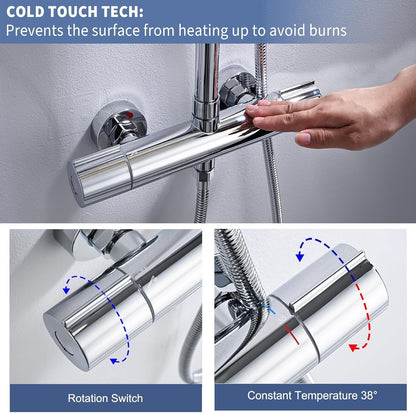 Doucheset – Douchesysteem – Regendouche – Handdouche – Thermostaatkraan – RVS 25 cm Regendouche – 3 Straalsoorten Handdouche – Verstelbare Douchestang