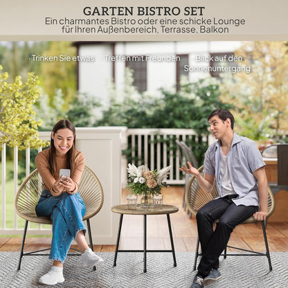 Outsunny Polyrattan Gartenmöbel Set, Outdoor Lounge Balcony for 2 Persons, 3-teilig Sitzgruppe mit 2 Stühle, Tisch, wetterfest Gartenlounge für Garten, Terrasse Balcony, Naturholz - QUORE