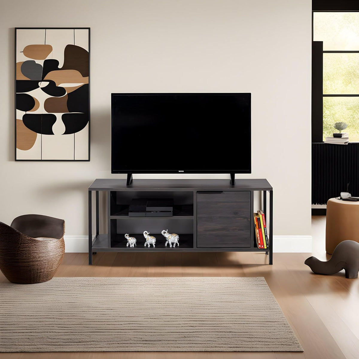 Hanah Home Industriële tv-standaard, donkerbruin en zwart, 120 cm x 48 cm x 35 cm, 100% melamine gecoat particle board, 18 mm dik, stijlvol en functioneel met cijferplanken