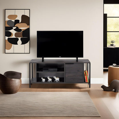 Hanah Home Industriële tv-standaard, donkerbruin en zwart, 120 cm x 48 cm x 35 cm, 100% melamine gecoat particle board, 18 mm dik, stijlvol en functioneel met cijferplanken