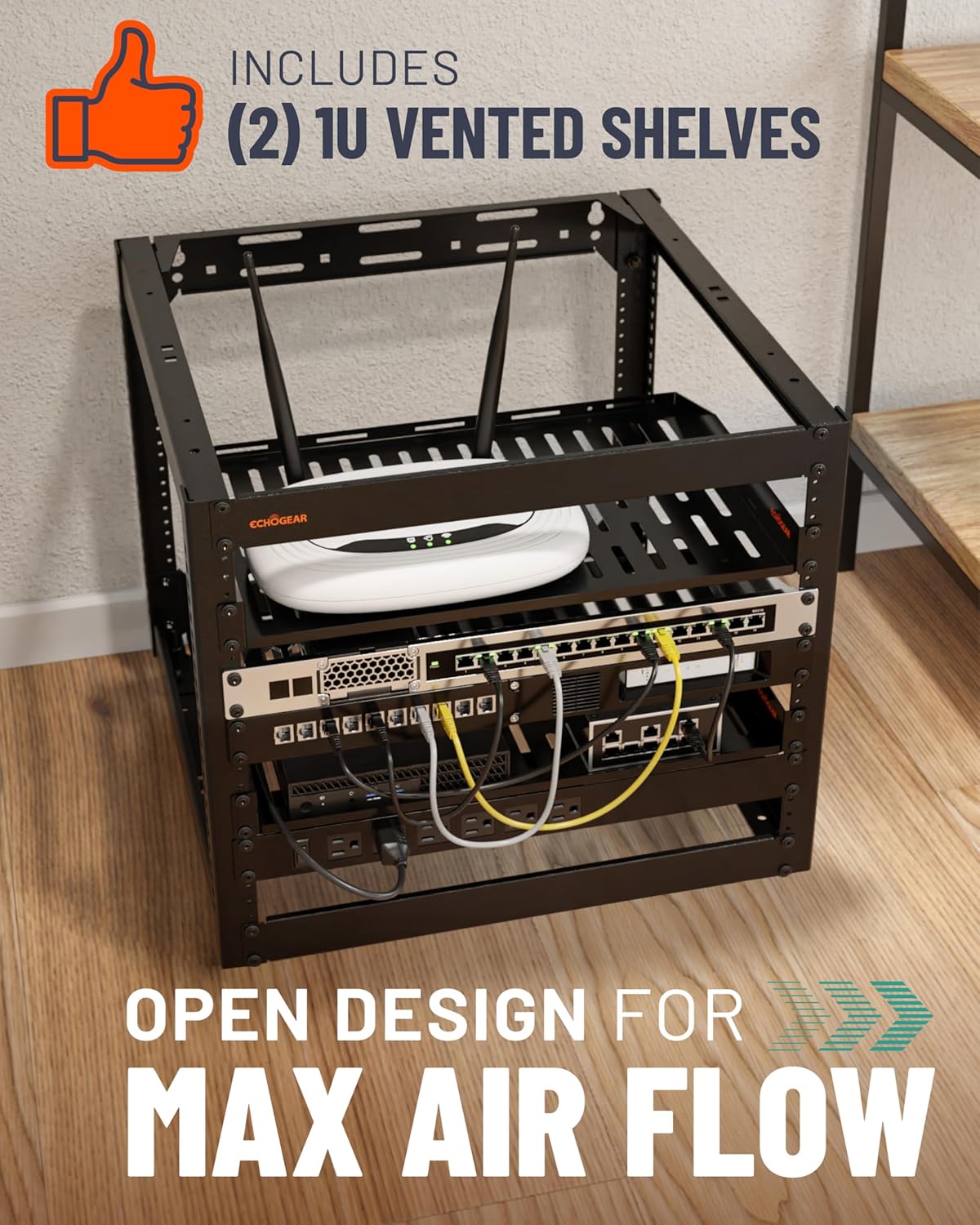 ECHOGEAR 10U Netwerkrek - Wandmonteerbaar Heavy Duty 4-paalontwerp voor al uw netwerk- en AV-apparatuur - Open frame-ontwerp omvat 2 1U geventileerde planken en montagehardware