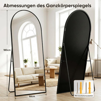 Antok 180 x 72 cm full-body spiegel, gebogen staande spiegel, frame van aluminiumlegering, onbreekbaar glas, vloerspiegel voor woonkamer, kleedkamer, zwart