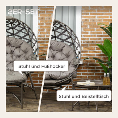 Outsunny 2 Pieces Garden Chair Set Wicker Chair with Folding Seat Basket Including 2-in-1 Stool Cushion Lounge Chair for Balcony Patio Steel Sand 118 x 75 x 142 cm - QUORE