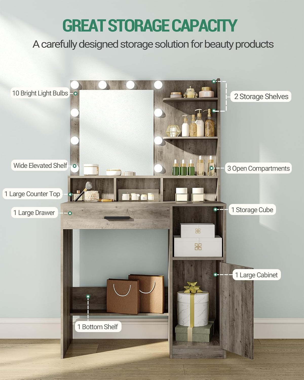 Hzuaneri Dressing Table with Mirror and 10 Led Lighting,with 3 Shelves & 4 Open Compartments, Dressing Table with Large Drawer & Cabinet, 3 Adjustable Luminosity, GreigeVT08105X