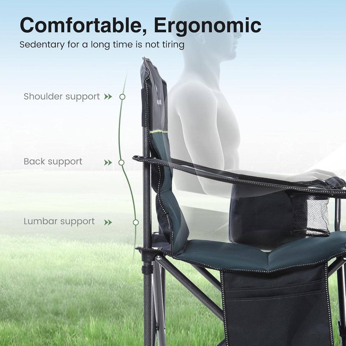 HIGH POINT SPORTS Opvouwbare campingstoel, zware extra grote draagbare buitenstoel, opvouwbare campingstoel met bekerhouder en koeltasondersteuning 204 kg, groen..