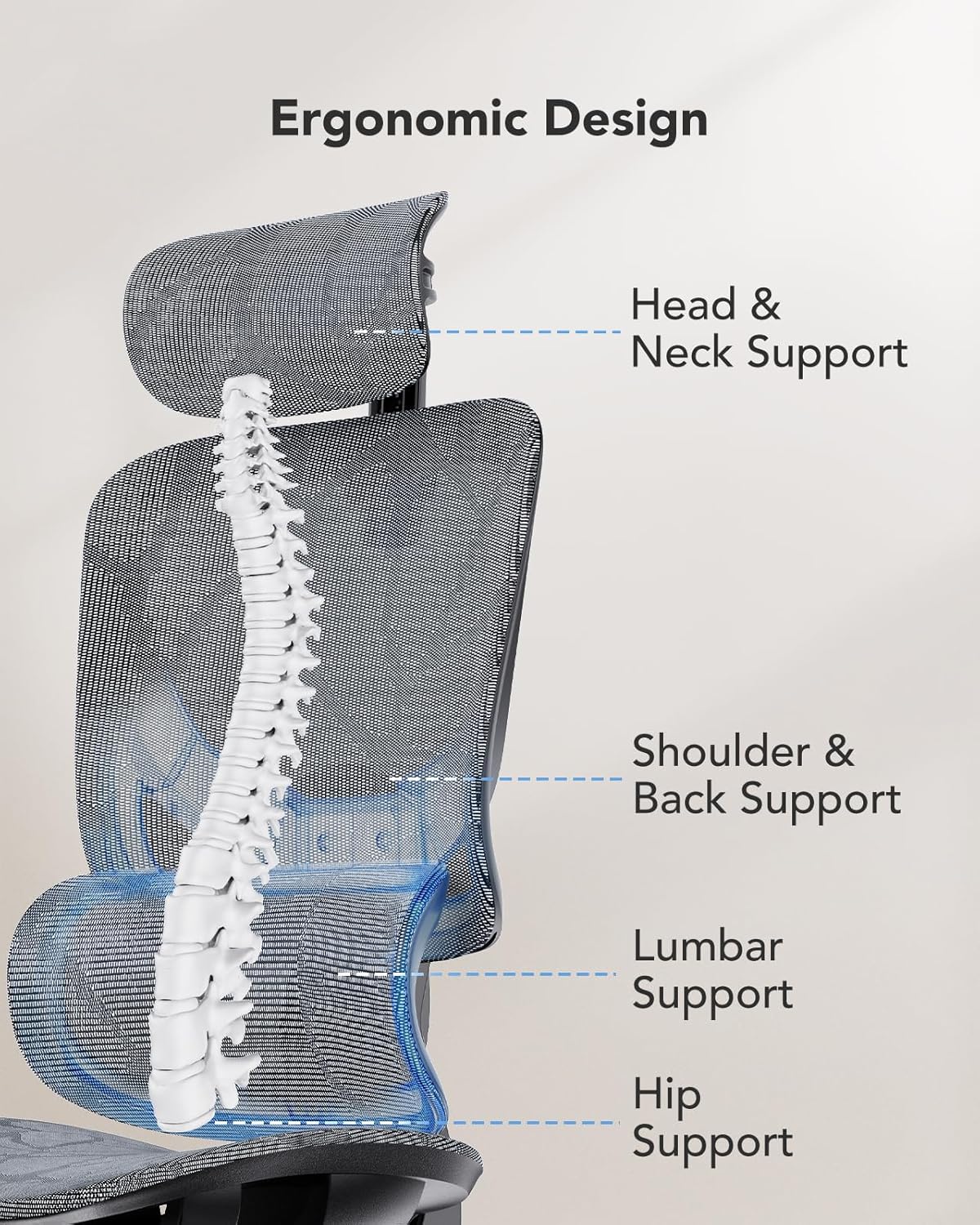Ergonomische Bureaustoel – Mesh bureaustoel – Computerstoel – Gamingstoel – Bureaustoel Met Hoge Rugleuning – Verstelbare Lendensteun Met 5 Niveaus – Ademend Mesh-Materiaal Voor Optimaal Comfort