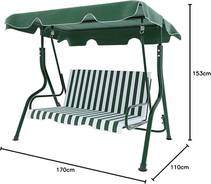 Schommelbank 3-zits met verstelbaar zonnedak, gevoerd kussen, robuust frame van gelakt staal, voor buiten, tuin, balkon, terras, zwembad, 170 x 110 x 153 cm (groen gestreept)