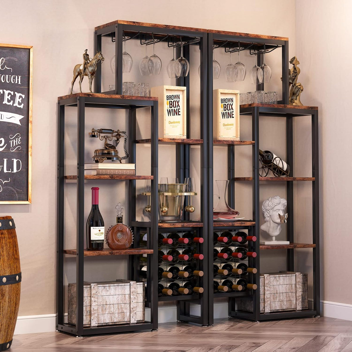 Tribesigns 2 Pcs Freestanding Floor Wine Rack - 5 Tier Wine Display Shelf with Glass Holder and Storage, Industrial Bar Cabinet for Kitchen, Dining Room (Rustic Brown)