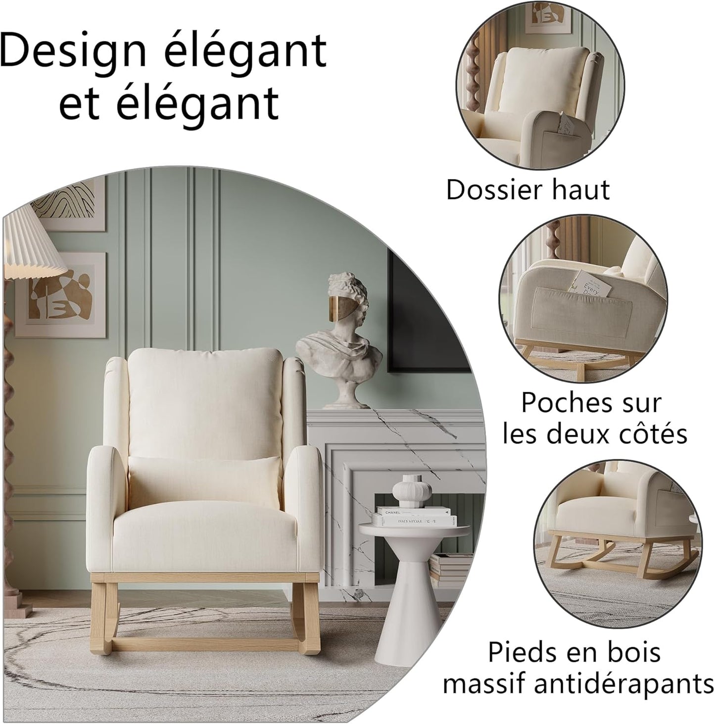 Rocking Chair, Scandinavian Rocking Chair, Breastfeeding Armchair, Scandinavian Leisure and Rest Chair Made of Fabric with Wooden Metal Legs for Living Room, Bedroom, Beige