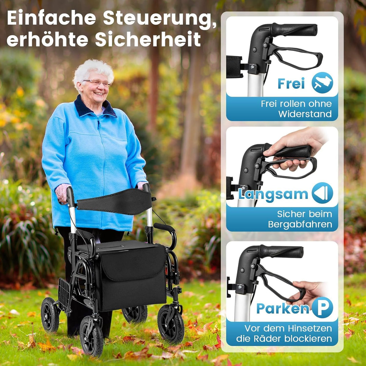 FANTASK 2-in-1 rolstoel & reisrollator, rollator van aluminium met opvouwbaar design, zwarte reisrollator met hoogteverstelsysteem, rolstoel met tas en stokhouder