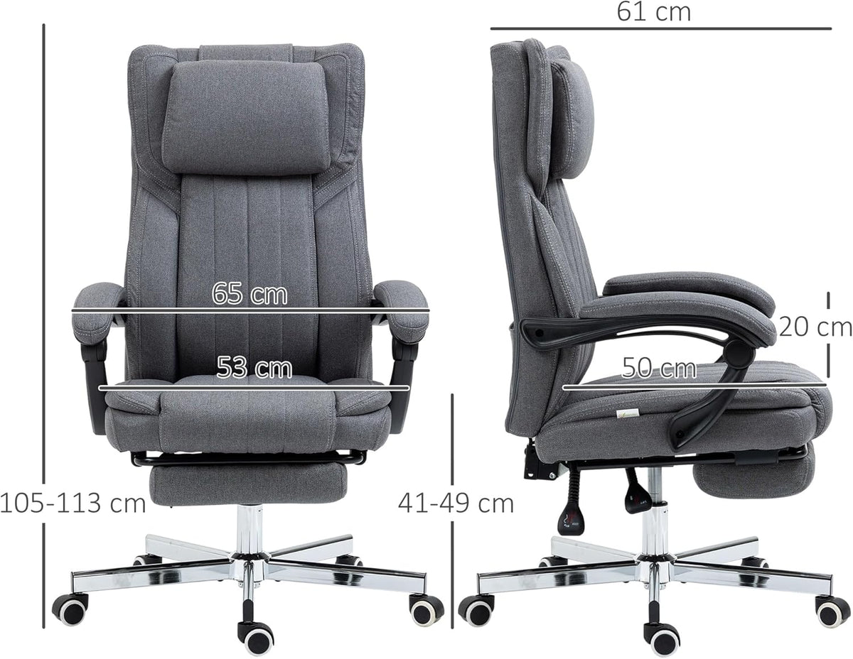 Vinsetto Bureaustoel, ergonomische stoel, draaibare zitting, verstelbare rugleuning, in hoogte verstelbaar, armleuningen, hoofdsteun, voetensteun 65 x 61 x 105-113 cm, grijs