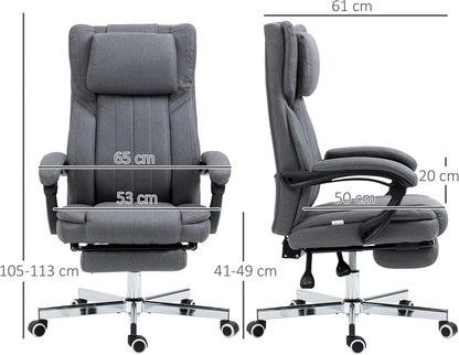 Vinsetto Bureaustoel, ergonomische stoel, draaibare zitting, verstelbare rugleuning, in hoogte verstelbaar, armleuningen, hoofdsteun, voetensteun 65 x 61 x 105-113 cm, grijs