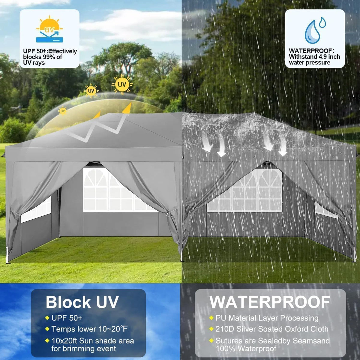 COBIZI Vouwpaviljoen, 3 x 6 m, waterdicht, stabiel, outdoor partytent, 3 x 6 m, met 6 zijwanden, anti-uv tuinpaviljoen, pop-up campingpaviljoen, voor bruiloften, buiten, tuin, feest, markt, grijs