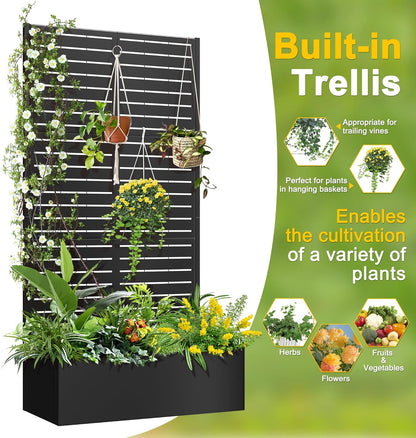 FENCY Metal Raised Garden Bed with Trellis, Metal Planter with Trellis, Garden Box for Climbing Plants Vegetable, 89 cm (L x W x H) Metal Garden Bed with Drainage Holes (Black Louvre) - QUORE