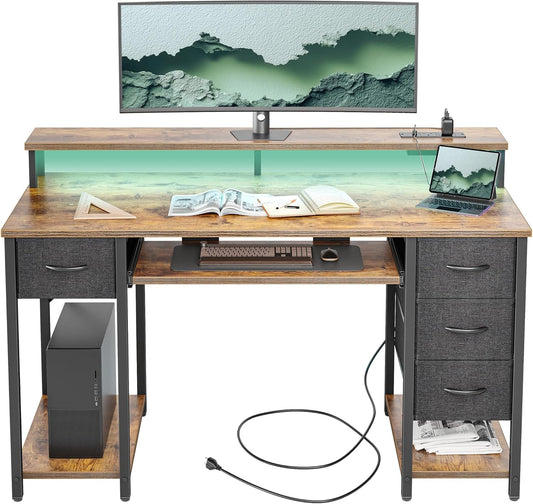 BEXEVUE Modern Bureau Stopcontacten LED - 120x50cm Gaming Computertafel, Toetsenbordlade 4 Omkeerbare Lades, Grote Opbergruimte Boekenplank Werkstation voor Studie Speel Werk Slaap Kamer Thuis Kantoor