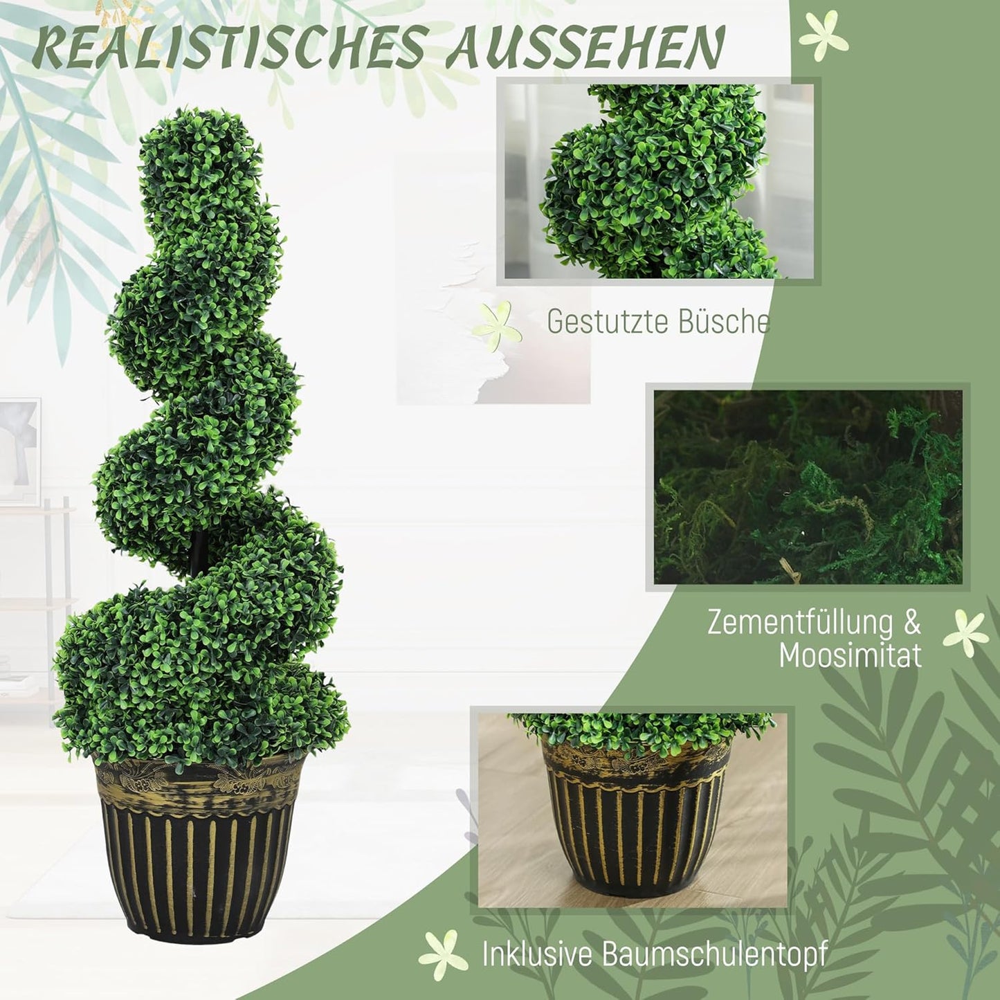 Kunstbuxusboom – Kunstplant – Nepplant – Kunstboom – Buxusplant – Onderhoudsarm – 90 cm Hoog – Spiraalvormige Kunstbuxusbomen Set van 2 – Realistisch Uitziend – Stevige Cementpotten