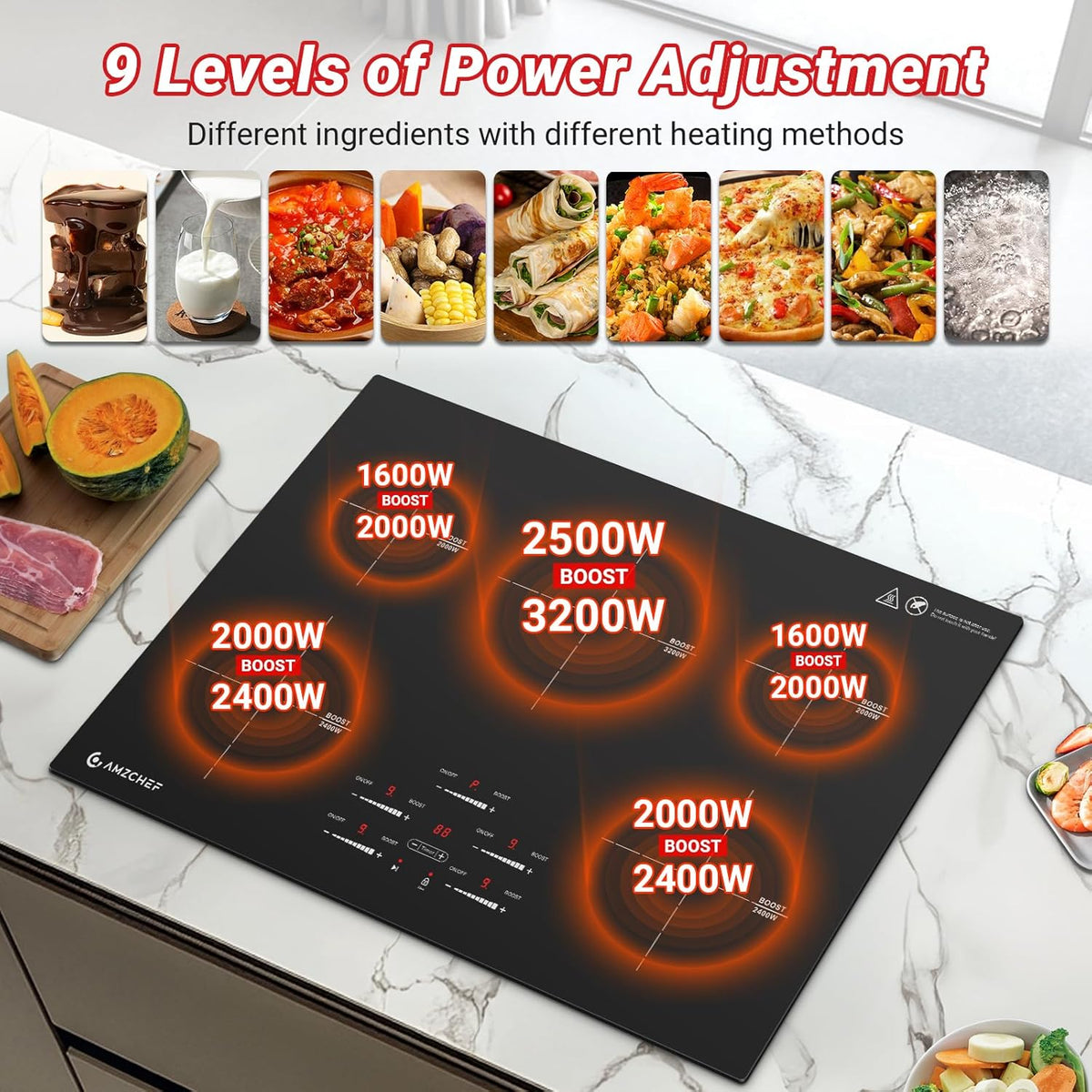 AMZCHEF Inductiekookplaat 80 cm, inbouw inductiekookplaat, 5 zones met booster en 9 niveaus, pauzefunctie, warmhouden, sliderbediening, timer, veiligheidsslot, 9500 W