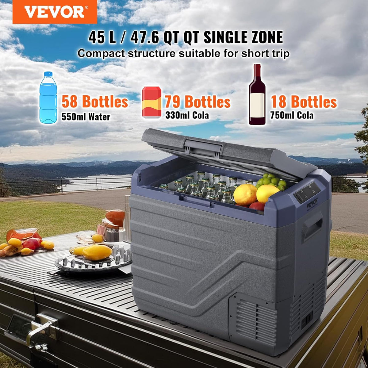 VEVOR Auto Koelkast, 12 Volt Auto Koelkast Koelkast Koelkast, 45 L Enkele Zone Draagbare Vriezer met Ingebouwde Licht -45 °F 12/24V DC en 100-240V AC Compressor Koeler voor Buiten, Camping, RV