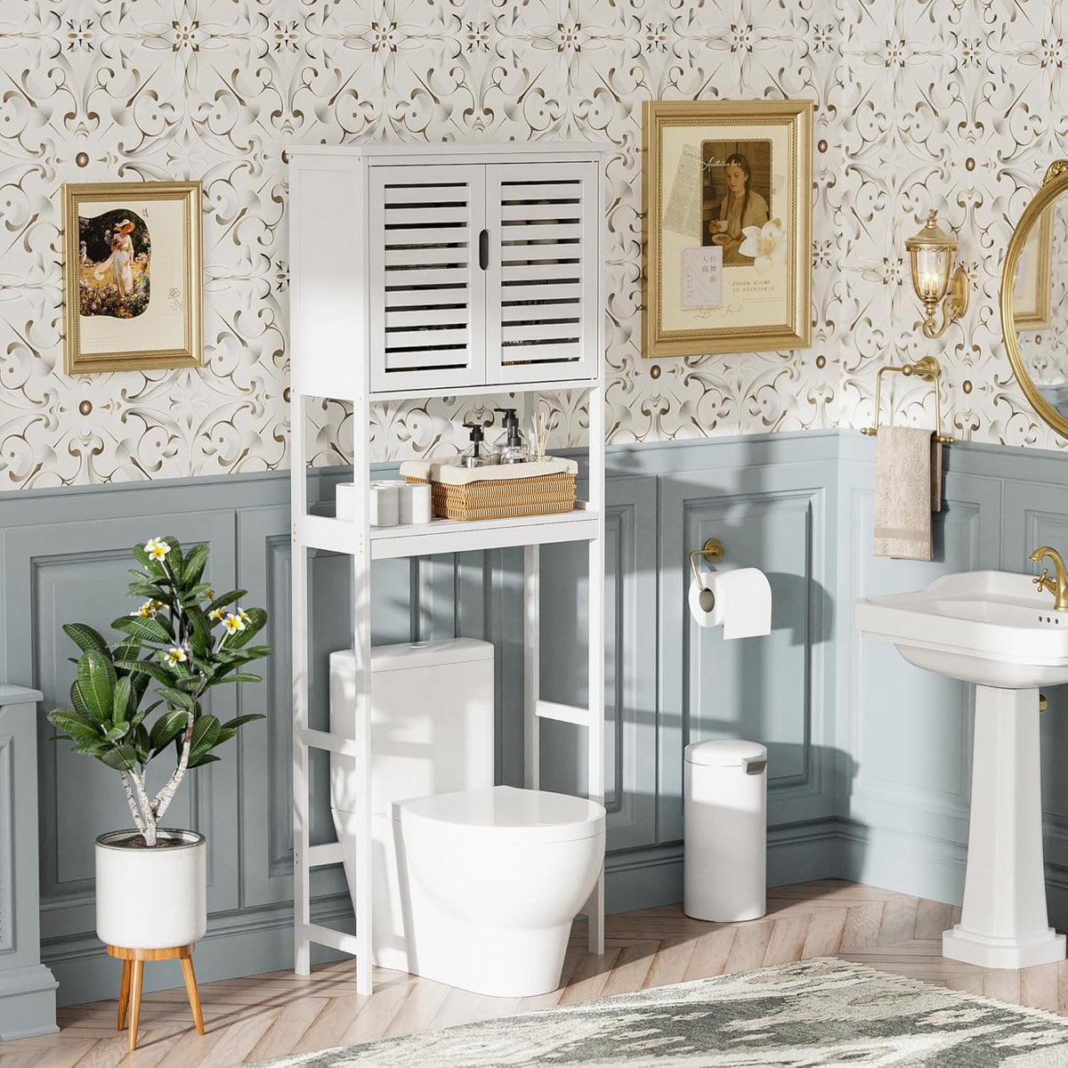SMIBUY Badkamer boven het toilet opbergkast, 2-deurs bamboe kast organizer, vrijstaand ruimtebesparend toiletrek met verstelbare binnenplank en open plank (wit)