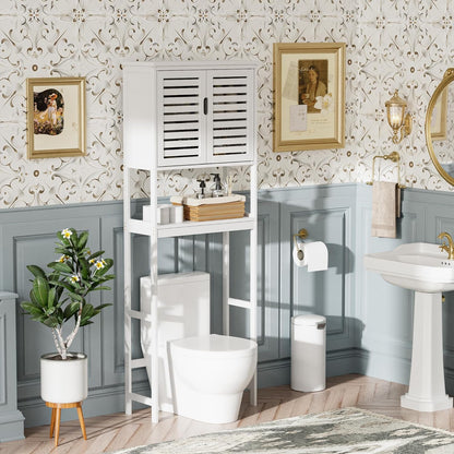 SMIBUY Badkamer boven het toilet opbergkast, 2-deurs bamboe kast organizer, vrijstaand ruimtebesparend toiletrek met verstelbare binnenplank en open plank (wit)