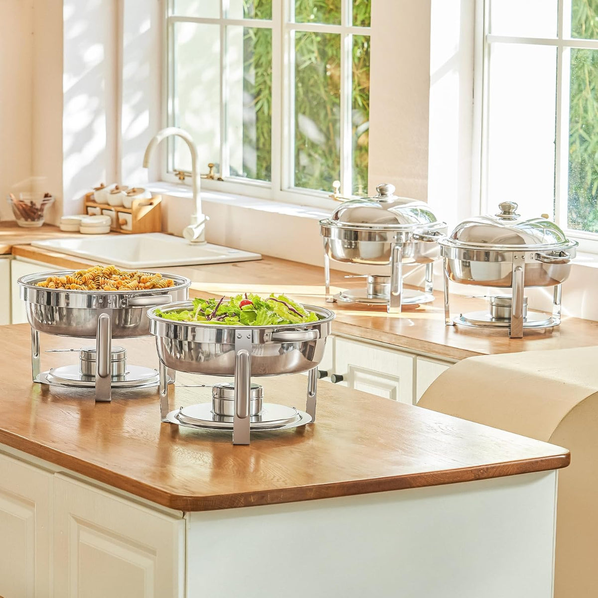 Wilprep Chafing dish rond 5 liter, Buffet set van 4, RVS voedselwarmer kit, Bain Marie Ø 34 cm met brandpasta houders, voor restaurant catering partijen bruiloften picknicks feest