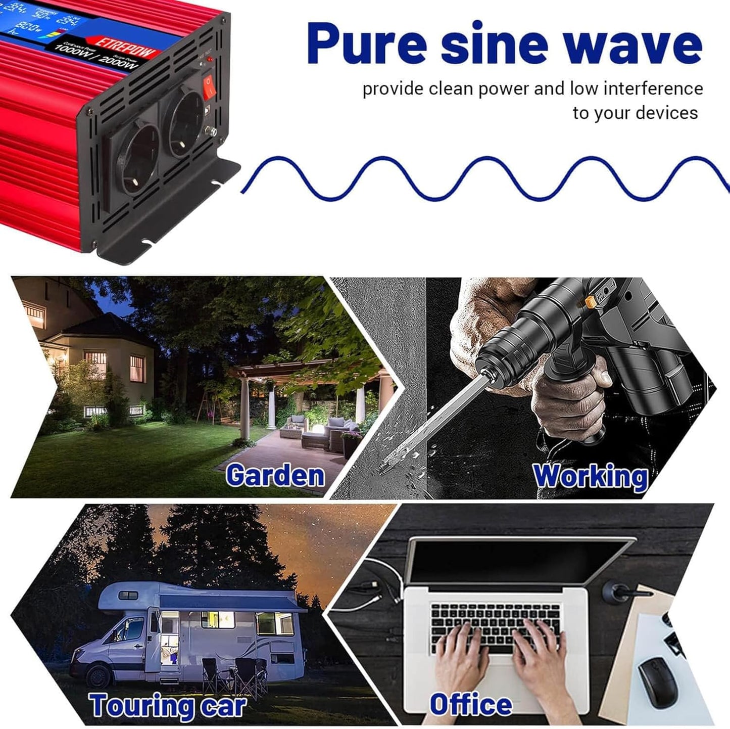 1000w/2000W Omvormer Zuivere Sinus Spanningsomvormer 12v 230v Stroomomvormers met 2 EU-stopcontact en 1 USB-poort, Draadloze Afstandsbediening, LCD-Scherm