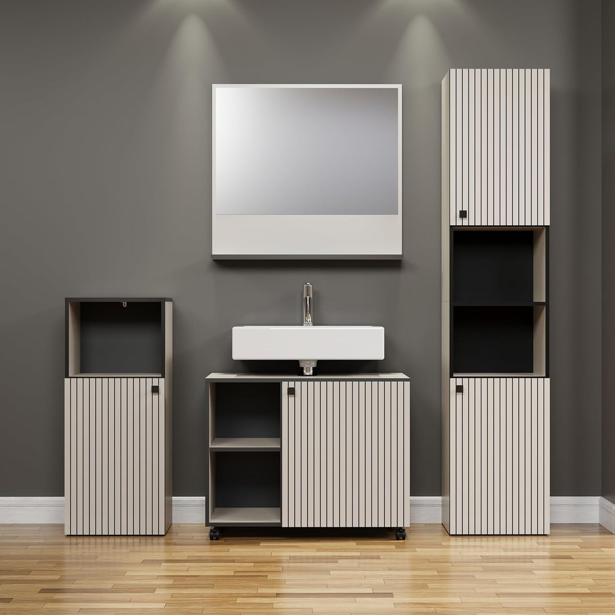 trendteam smart living - PureBliss - staande kast - Kashmir lichtgrijs - groeflook - 1 open vak + 1 plank - (BxHxD) 40 x 95 x 31 cm - badkamerkast met elegante metalen handgreep - QUORE