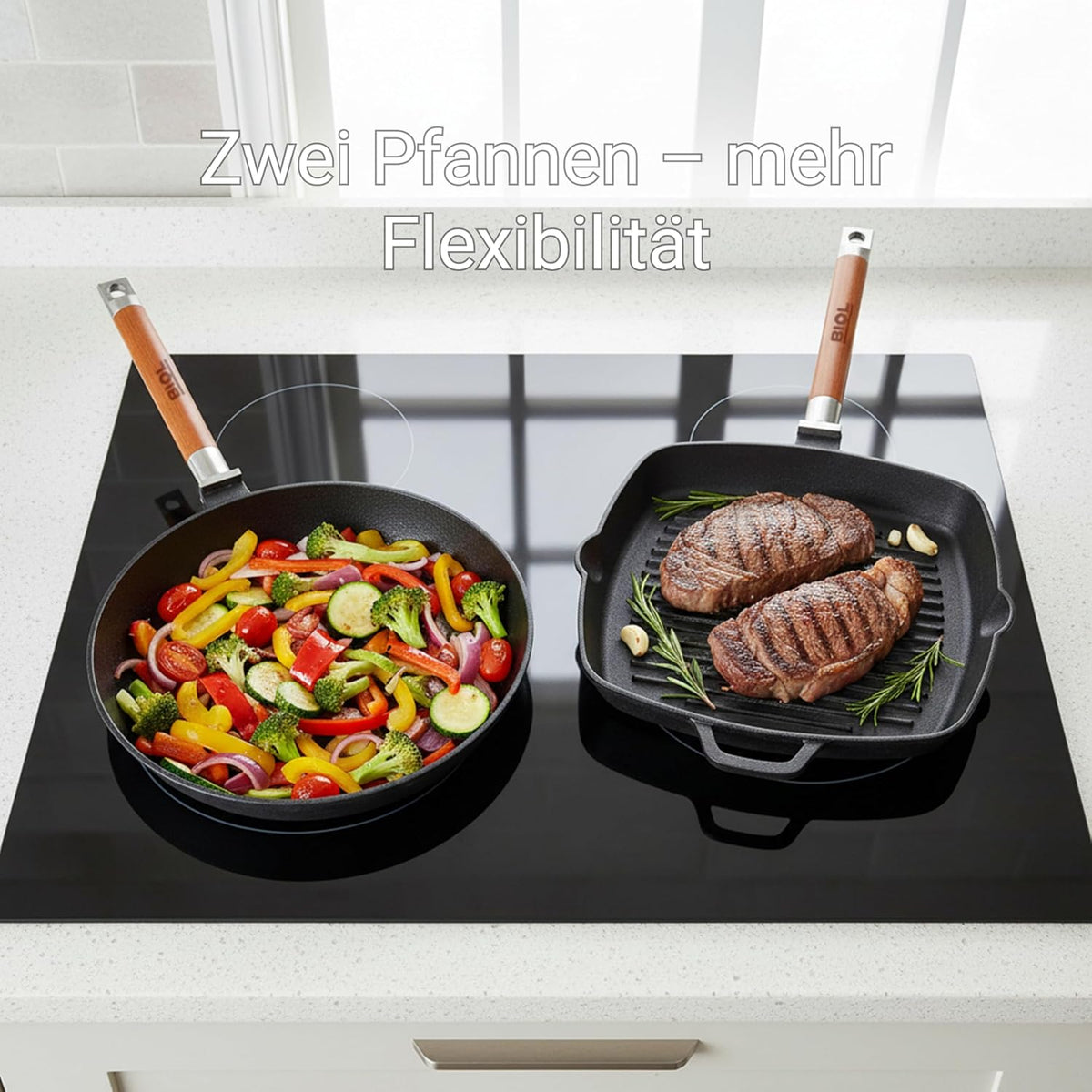 BIOL Cast Iron Pan Set + Grill Pan Round and Square (Parent Frying Pan Set 26 cm + Grill Pan 26 cm) - QUORE