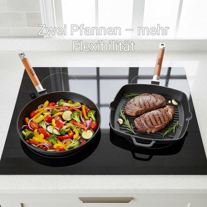 BIOL Cast Iron Pan Set + Grill Pan Round and Square (Parent Frying Pan Set 26 cm + Grill Pan 26 cm) - QUORE