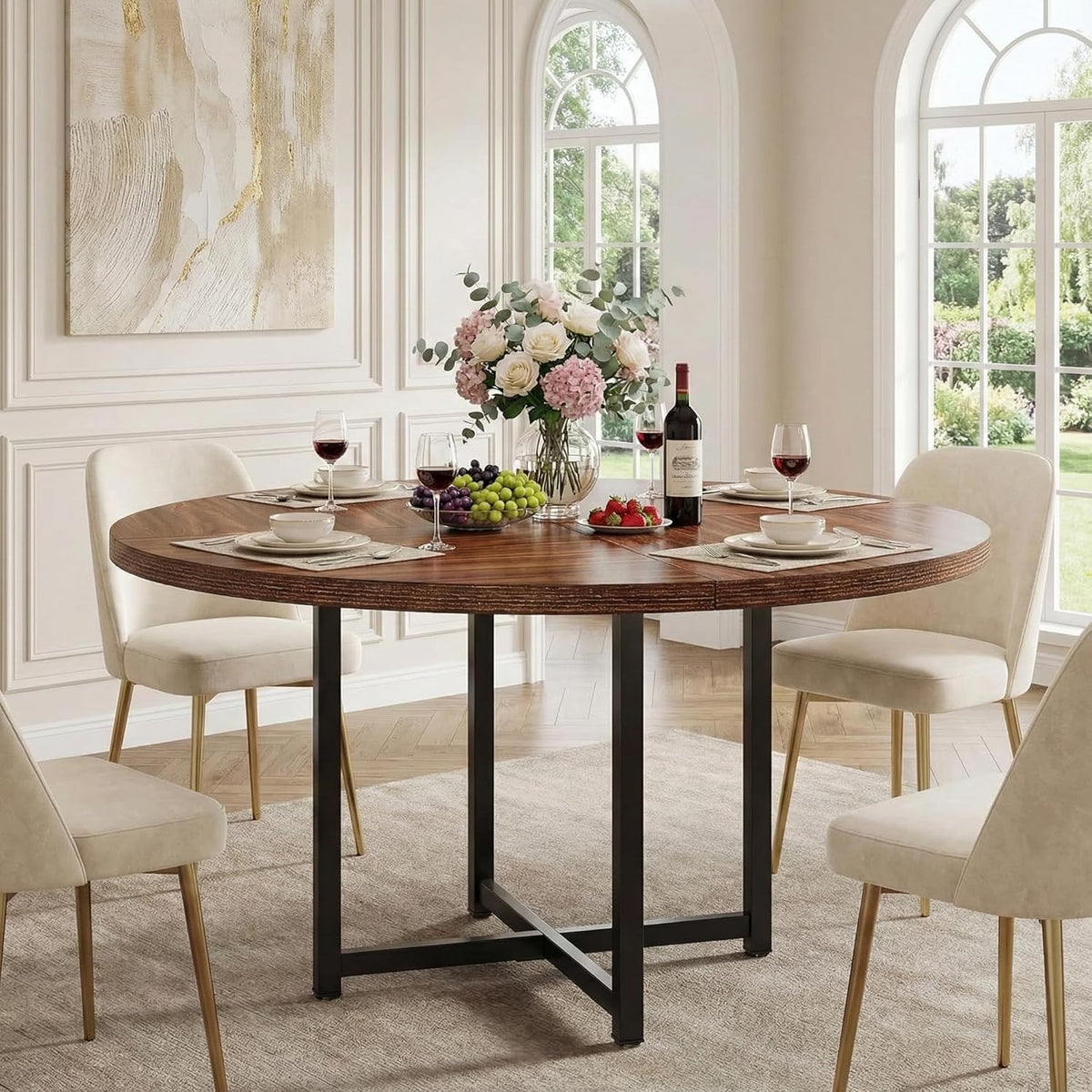 Ronde Eettafel – Eettafel Rond – Keukentafel – Houten Eettafel – Eettafel 4 Personen – 120 cm Diameter – Robuust Stalen Onderstel